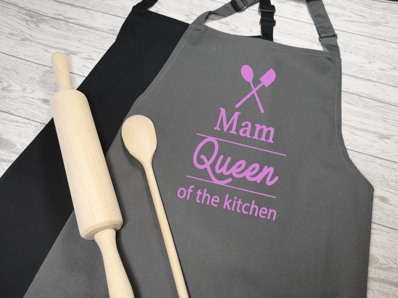Personalised adults QUEEN of the Kitchen apron in grey or black
