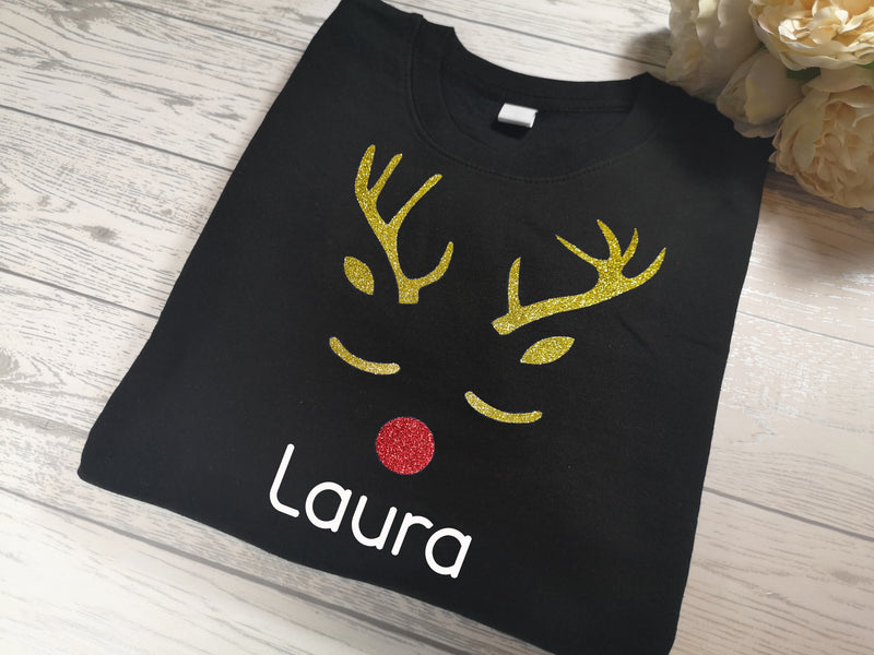Personalised Unisex BLACK Christmas jumper with glitter Reindeer and name detail