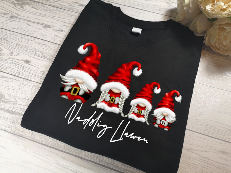 Custom Unisex WELSH BLACK Christmas jumper SANTA gonks gnomes with Nadolig Llawen detail