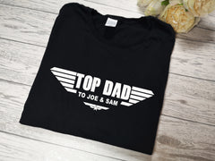 Personalised mens BLACK TOP DAD t-shirtkids names detail fathers day any name