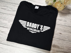 Personalised BLACK kids t-shirt with DADDY'S WINGMAN detail in a choice of colours