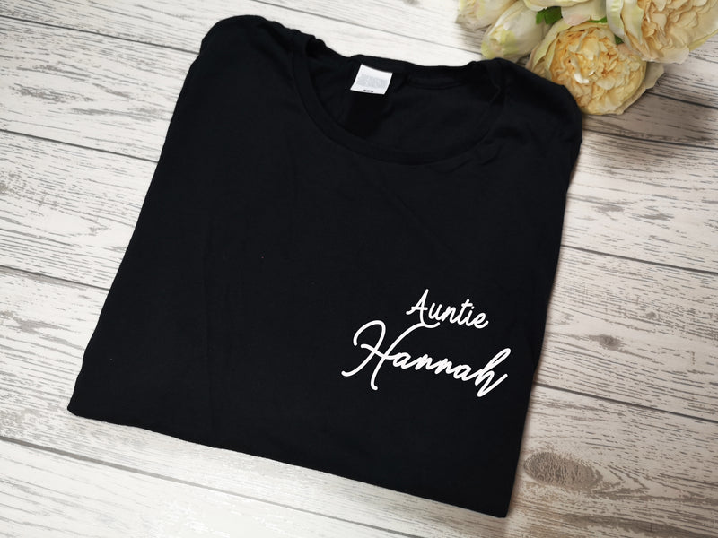 Personalised Women's BLACK t-shirt Auntie name detail
