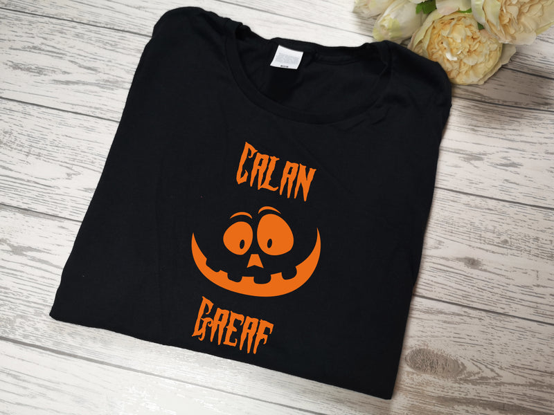 Custom WELSH  BLACK Kids Halloween Calan gaeaf pumpkin face t-shirt