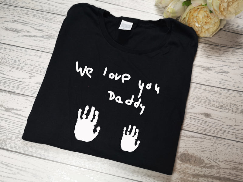 Personalised Welsh BLACK Dad t-shirt with Handprints and kids handwriting detail