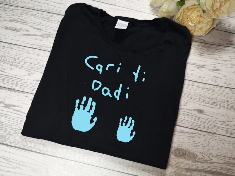 Personalised Welsh BLACK Dad t-shirt with Handprints and kids handwriting detail