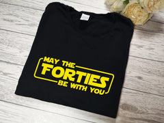 Personalised mens' BLACK Birthday May the 'age' be with you t-shirt any age detail