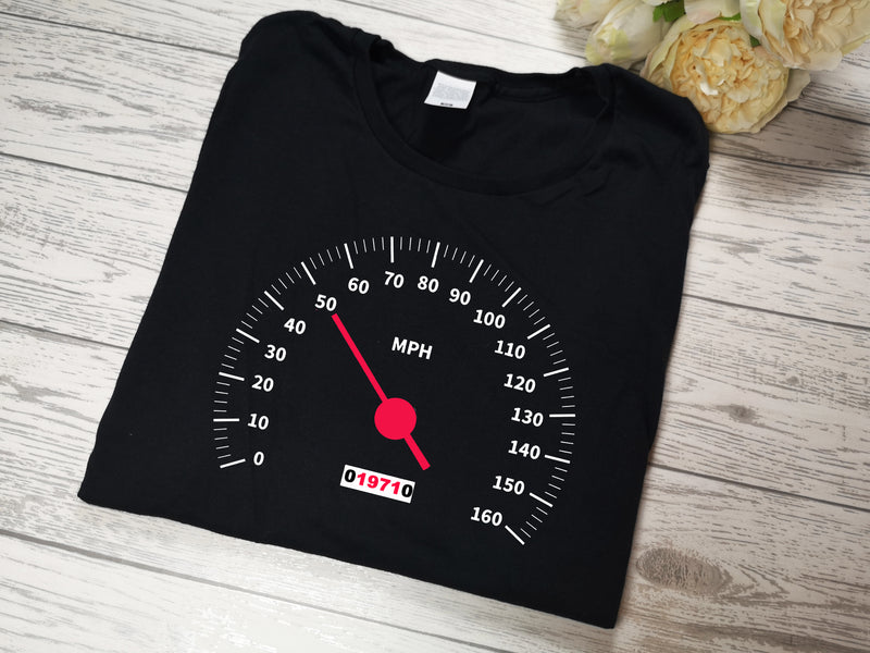 Personalised Men's BLACK Birthday Speedometer t-shirt any age and year detail