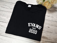 Personalised Women's BLACK t-shirt Surname since year detail