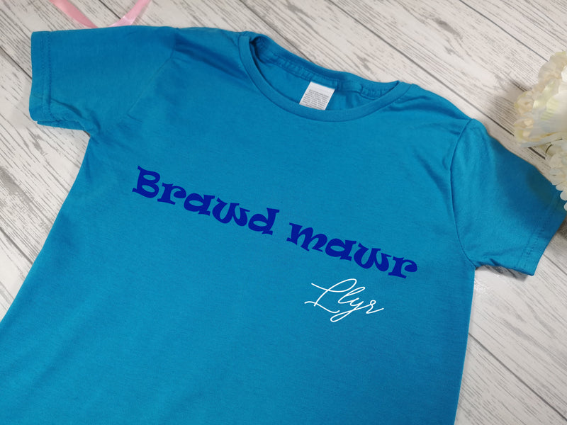 Personalised Kids Blue Welsh Brawd mawr t-shirt with name detail