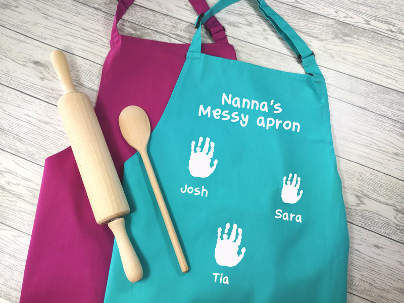 Personalised adult kids handprint Messy apron in raspberry or duck egg blue