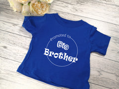 Custom royal blue Baby t-shirt Promoted to big brother detail