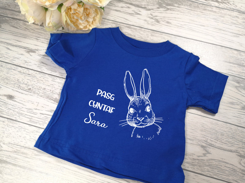 Personalised Blue Easter bunny Baby t-shirt with Pasg cyntaf NAME detail