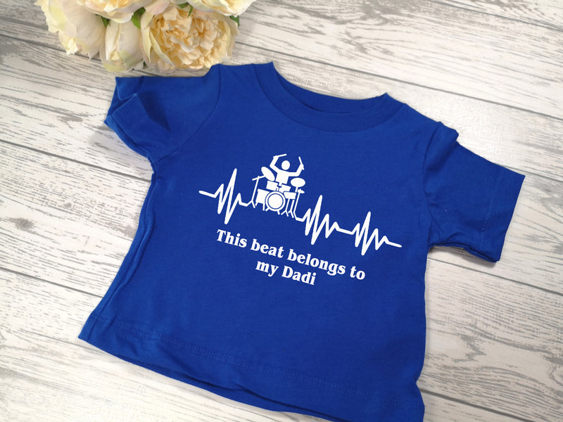 Personalised BLUE Baby t-shirt with drum heart beat detail in a choice of colours
