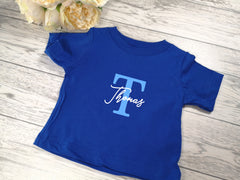 Personalised Royal blue Baby t-shirt with letter and name detail