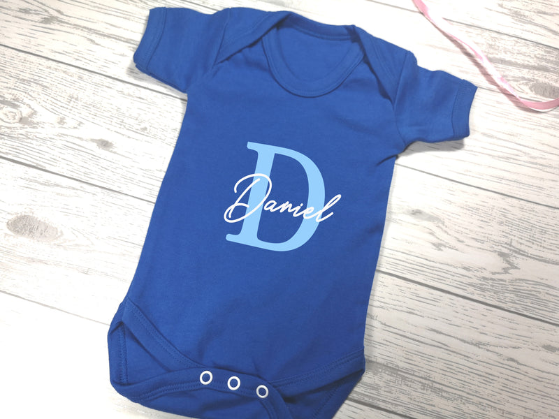 Personalised Royal blue Baby vest suit with letter and name detail