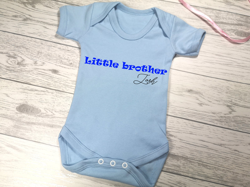Personalised Baby blue Little Brother Baby vest suit with name detail in a choice of colours