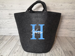 Personalised Dark grey Felt storage trug bag with letter and name