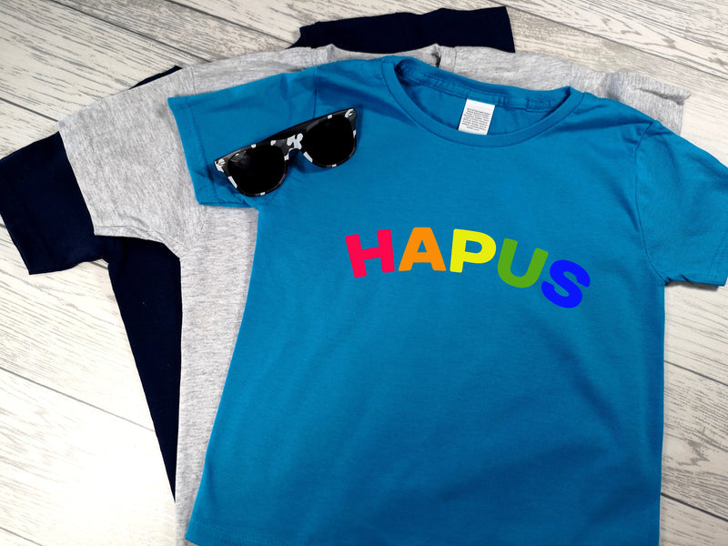Custom Kids boy's HAPUS rainbow t-shirt with choice of colours ANY word