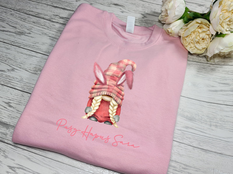 Custom KIDS baby pink jumper Easter bunny gonk Pasg hapus name detail