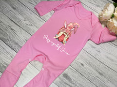 Personalised WELSH Baby pink or blue Baby grow with name and Pasg cyntaf easter bunny gonk detail