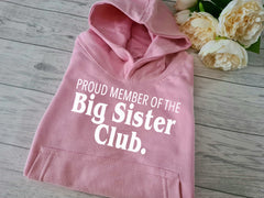 Custom Kids BABY PINK hoodie Big sister club detail baby announcement