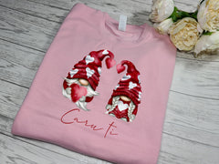Personalised Unisex WELSH BABY PINK Valentines jumper heart gonks gnomes with any wording