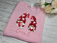 Personalised Unisex WELSH BABY PINK Valentines jumper heart gonks gnomes with any wording