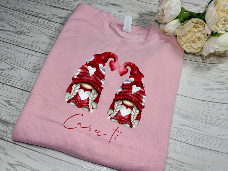 Personalised KIDS welsh baby PINK Valentines jumper girls gonks gnomes mother and daughter