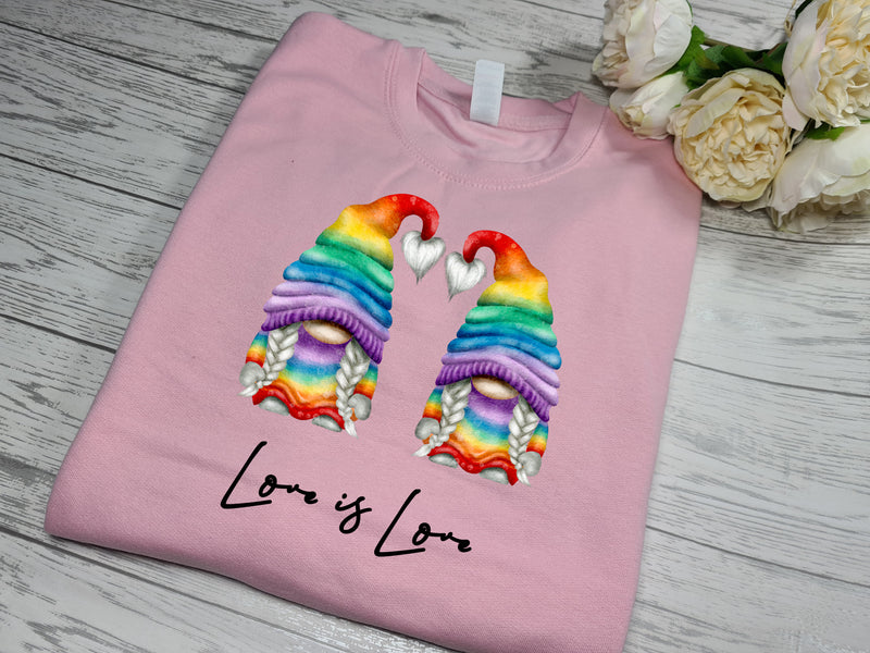 Custom Unisex BABY PINK Valentines jumper rainbow PRIDE Girls gonks gnomes love is love