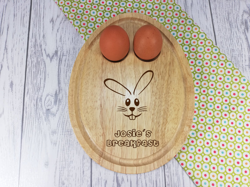 Personalised Engraved Easter bunny Wooden Egg Shaped breakfast board Any Name