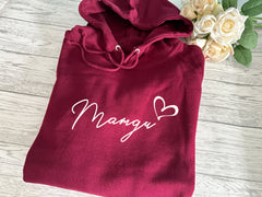 Personalised welsh UNISEX burgundy hoodie any name with heart detail