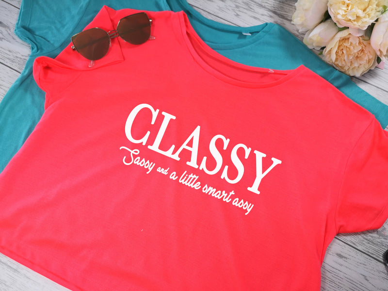 Custom Women's cropped t-shirt neon coral or blue with Classy sassy detail