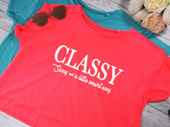 Custom Women's cropped t-shirt neon coral or blue with Classy sassy detail