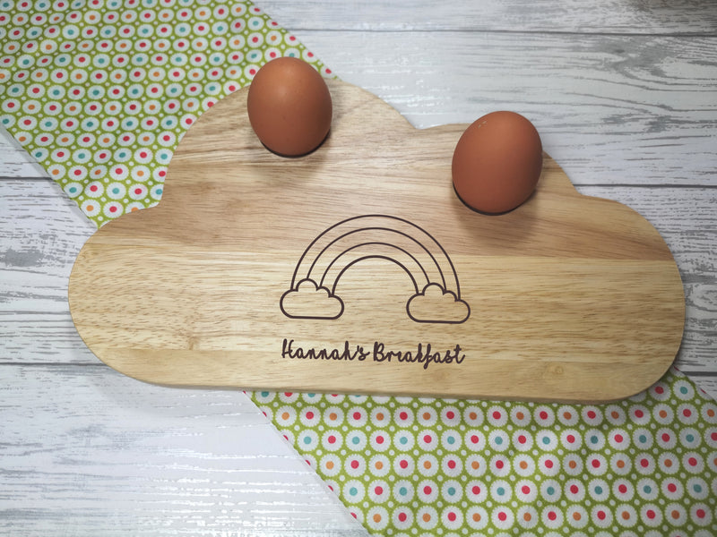 Personalised Engraved Rainbow name Wooden Cloud Shaped egg breakfast board