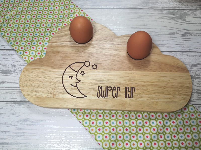 Personalised Engraved Welsh Moon name Wooden Cloud Shaped egg breakfast supper board