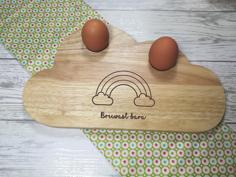 Personalised Engraved Welsh Rainbow name Wooden Cloud Shaped egg breakfast board