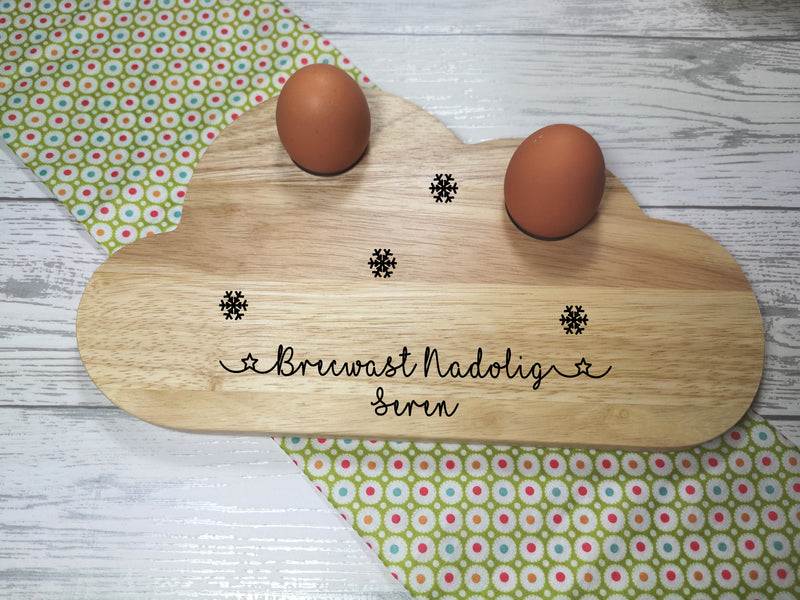 Personalised Engraved Welsh Christmas name Wooden Cloud Shaped egg breakfast supper board