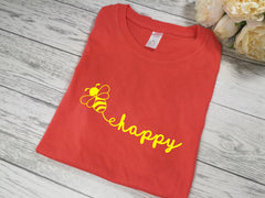 Custom Women's Coral t-shirt Bee Happy with choice of colour detail