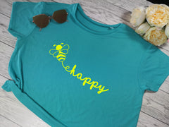 Custom Women's cropped blue t-shirt Bee Happy choice of colour detail