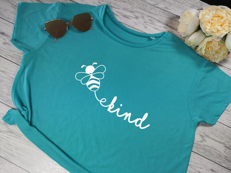 Custom Women's cropped blue t-shirt Bee Kind choice of colour detail