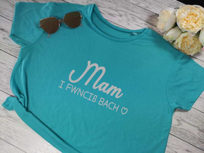 Custom Women's cropped blue t-shirt Welsh Mami i Fechgyn / i ferched  choice of colour detail