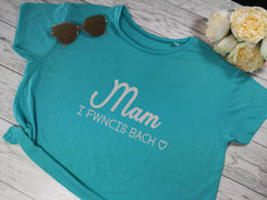 Custom Women's cropped blue t-shirt Welsh Mami i Fechgyn / i ferched  choice of colour detail