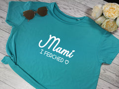 Custom Women's cropped blue t-shirt Welsh Mami i Fechgyn / i ferched  choice of colour detail