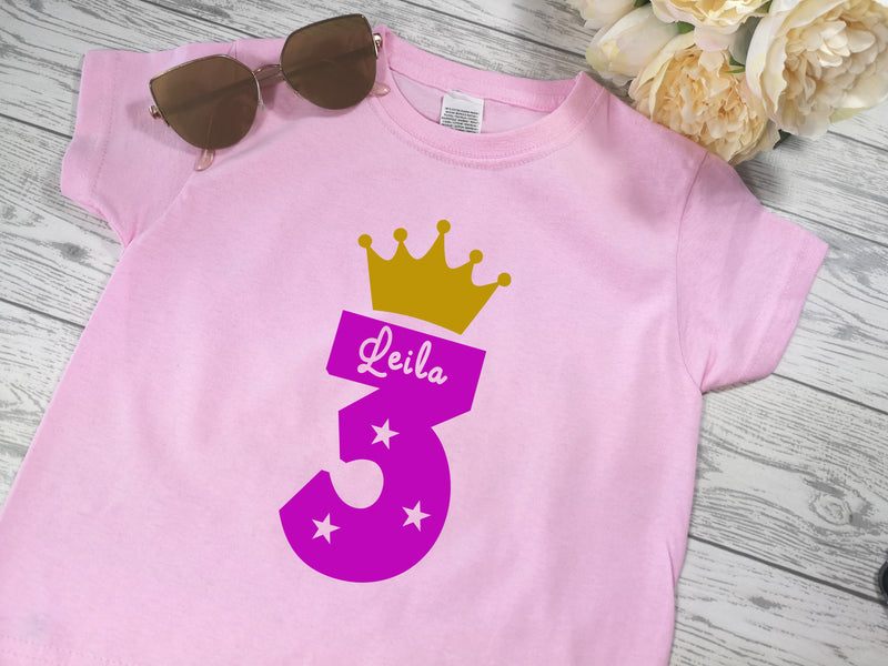 Personalised Kids Birthday Age Baby pink custom t-shirt with Princess crown