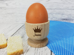 Personalised Engraved Wooden Egg Cup Princess Prince Name With Crown Easter Gift