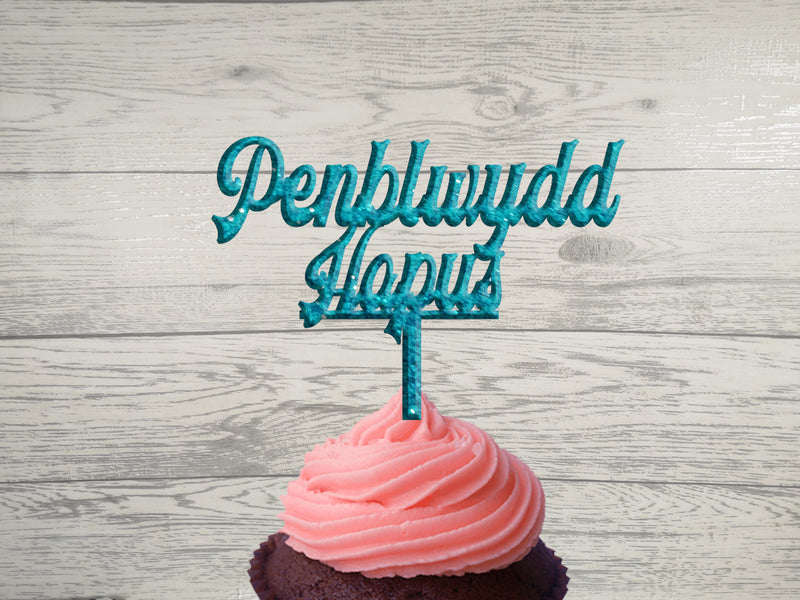 Personalised Wooden Glitter Welsh Penblwydd Hapus cupcake mini Topper Any wording