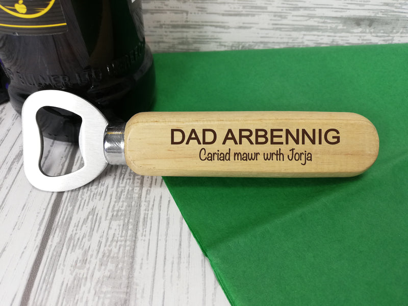 Personalised Engraved wooden beer bottle opener Welsh Dad Arbennig Tadcu Gift
