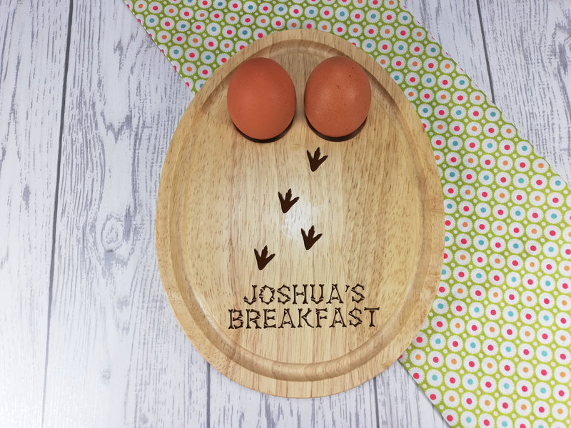 Personalised Engraved Dinosaur footprints  Wooden Egg Shaped breakfast board Any Name