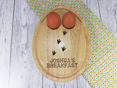 Personalised Engraved Dinosaur footprints  Wooden Egg Shaped breakfast board Any Name