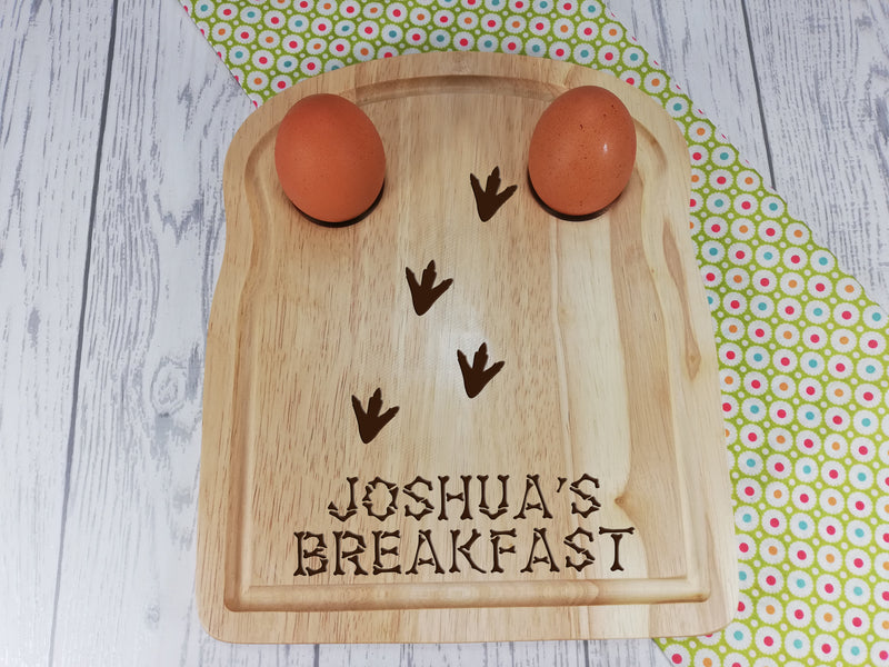 Personalised Engraved Dinosaur footprints  Wooden Toast Shaped egg breakfast board Any Name